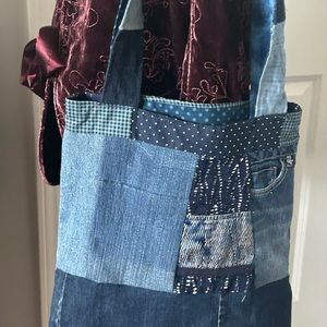 Boho Denim tote upcycled jeans repurposed fabric